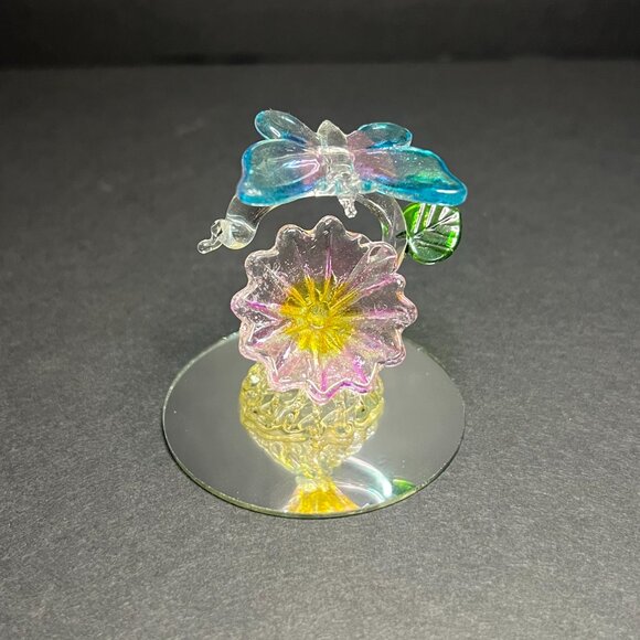 Hand Blown Spun Art Glass Pink & Blue Butterfly on Flower Decorative Figurine - Picture 2 of 6